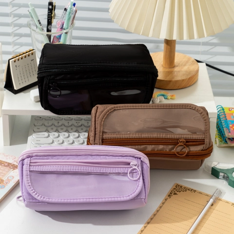 Large Capacity Multi Layer Pencil Case Oxford Cloth Transparent Window Flip Top Prism Stationery Pouch For Students Office