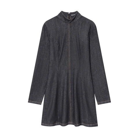 Denim Mini Jurk Lange Mouwen Hoge Hals Slanke Pasvorm Rits Achterkant Contraststiksels Casual Modieus Dames