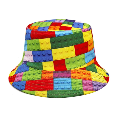 Chapeau Bob Réversible Motif Blocs Colorés Polyester Protection Solaire Chapeau Pêcheur Nouveauté Femmes