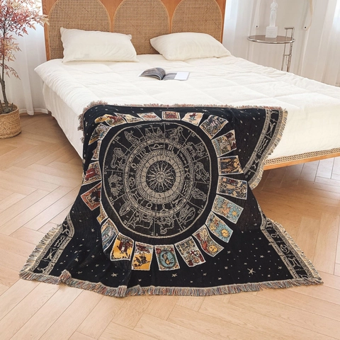 Coperta In Cotone Intrecciato Tarocchi Astrologia Sole Zodiaco Bohémien Con Nappe Per Divano Letto Camping Picnic