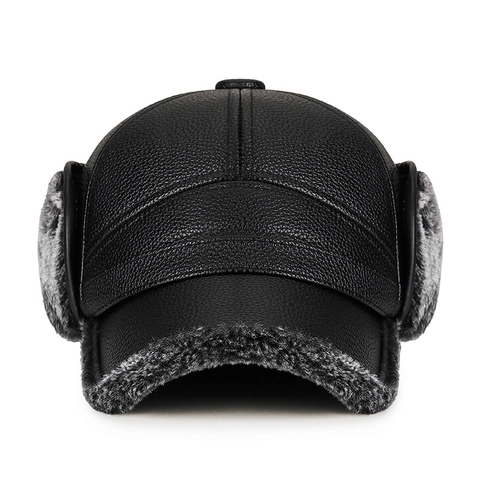 Berretto da Baseball Invernale da Uomo in Pelle PU Paraorecchie Fodera in Pile Caldo Trama Litchi Cappello da Trapper per Anziani