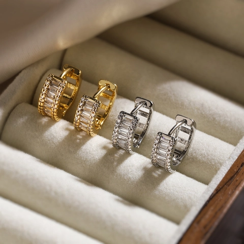 Huggie Hoop Earrings Copper Gold Plated Baguette Cut Cubic Zirconia Micro Pave Minimalist Luxury For Women