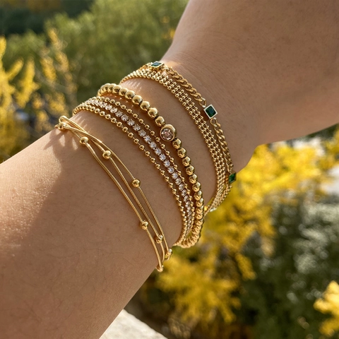 Bracelet Multi Couches En Acier Inoxydable Avec Zircon Émeraude Synthétique Plaqué Or Bijoux Ajustables Pour Femmes