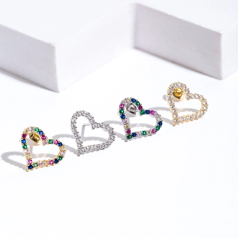 Fashion Heart Shaped Copper Stud Earrings With Colorful Zirconia Inlaid Minimalist Gold Silver Plated Jewelry For Women