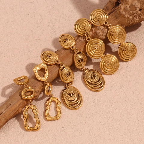 Drop Dangle Earrings 316L Stainless Steel 18K Gold Plated Geometric Hammered Texture Spiral Swirl Vintage Bohemian Women