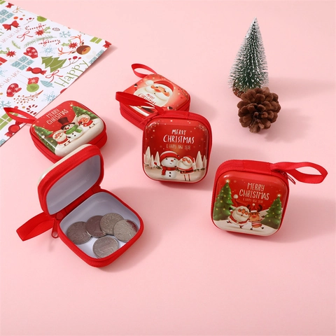 Weihnachten Quadratische Münzbörse Weißblech Reißverschluss Aufbewahrungstasche Mit Lanyard Mini Cartoon Weihnachtsmann Rot