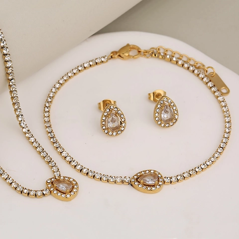 Luxury Stainless Steel Zircon Jewelry Women Full Rhinestone Tennis Chain Necklace Bracelet Earrings Heart Square Shape