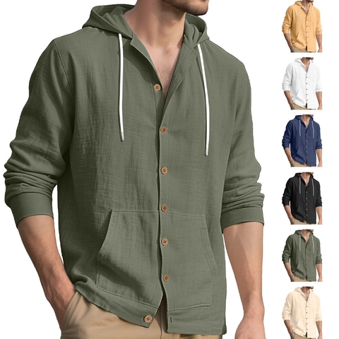 Camisa Con Capucha De Lino Para Hombre Manga Larga Con Botones Casual Playa Hoodie Top Con Bolsillo Canguro Transpirable