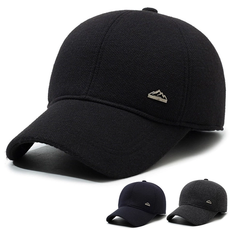 Men Winter Warm Woolen Baseball Cap With Earflaps Windproof Adjustable Outdoor Sports Peaked Hat Fashionable Solid Color
