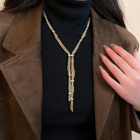 Mode Or Multi Couches Gland Collier Et Bracelet Bijoux Pour Femmes Élégant Forme En Y Lariat Métal Cuivre Fer Style