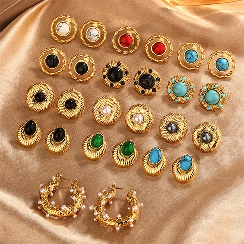 Vintage Round Stud Earrings For Women Stainless Steel With Inlaid Turquoise Artificial Pearl 18K Gold Plated Retro Niche Design