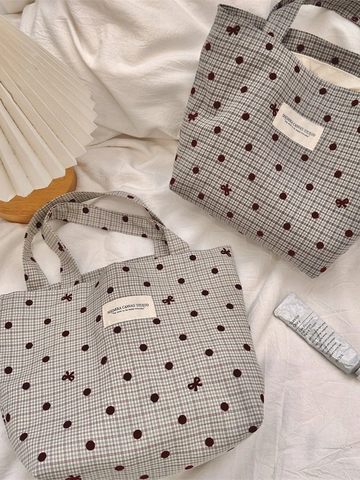 Canvas Tote Bag Karo Polka Dot Schleifenstickerei Handtasche Große Kapazität Japanischer Zakka Stil Lässig Damen