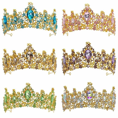 Baroque Vintage Bridal Crown Alloy Rhinestone Colorful Gemstones Tiara Wedding Party Hair Accessories For Women Royal Headwear