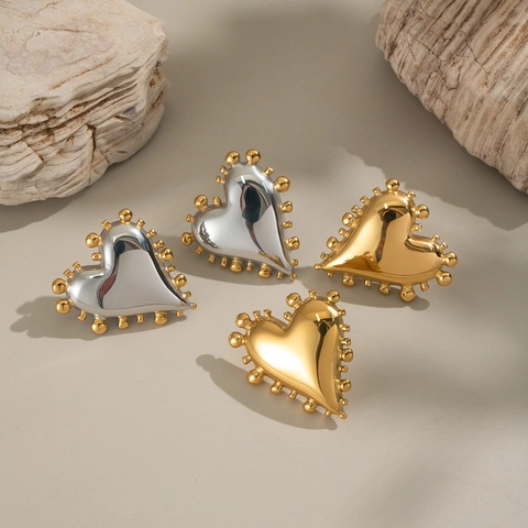 Stainless Steel Heart Stud Earrings With Beaded Edge Geometric Waterproof Hypoallergenic Jewelry For Women Valentine Gift