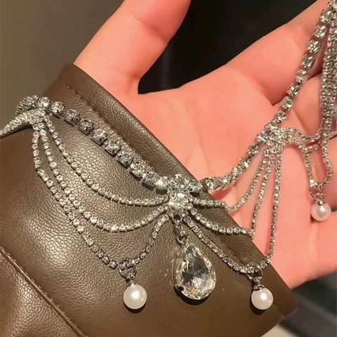 Collar De Clavícula Con Colgante De Gota De Agua Diamantes De Imitación Encaje Borla Aleación Perla Artificial Multicapa Elegante