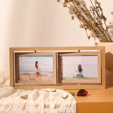 Rotating Wood Photo Frame Desktop Picture Display Spinning Natural Grain Minimalist Home Decor Accessory