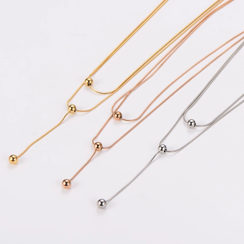 Double Layer Necklace 304 Stainless Steel Y-Shaped Round Bead Accents Snake Bone Chain Minimalist Elegant For Women