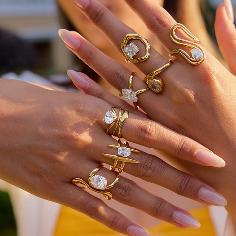 Anillo De Acero Inoxidable Circonio Geométrico Chapado En Oro Irregular Lujo Impermeable Hipoalergénico Joyería Para Mujer