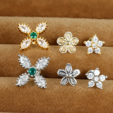 Stainless Steel Zircon Flower Stud Earrings With Screw Ball Back For Helix Piercing Small Cartilage Jewelry
