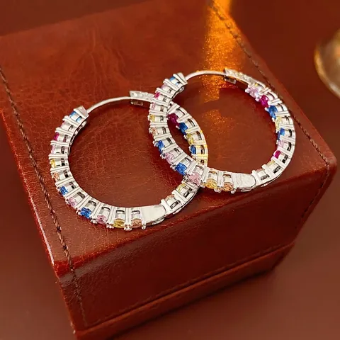 Colorful Zircon Hoop Earrings With Silver Earring Post Round Rainbow Copper Sparkling Fashion Jewelry For Women