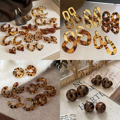 Vintage Leopard Print Earrings With Silver Earring Post Retro Tortoiseshell Resin Geometric Studs For Women
