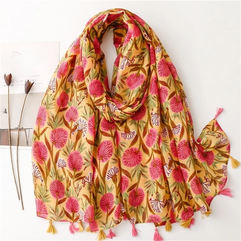 Hydrangea Floral Print Scarf Shawl With Tassels Lightweight Polyester Voile Sun Protection For Women Fresh Artistic Style