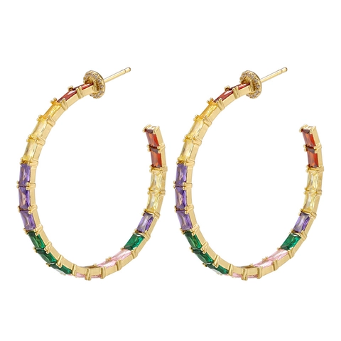 Baguette Cut Zircon Hoop Earrings C-Shape Rainbow Colorful Copper Metal Fashion Luxury Style Jewelry For Women