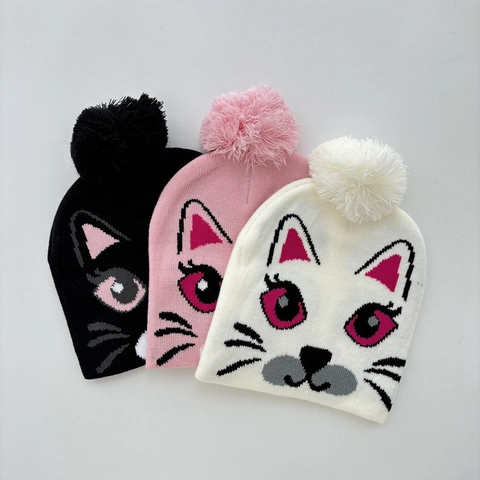 Kinder Strickmütze Acryl Winter Warm Pompon Cartoon Katze Muster Jacquard Kälteschutz Mütze Für Kleinkinder