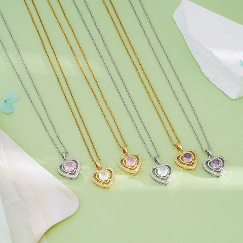 Elegante Collana con Ciondolo a Doppio Cuore in Rame Con Strass per Donna Moda Placcato Oro Argento Catena Clavicola Gioielli