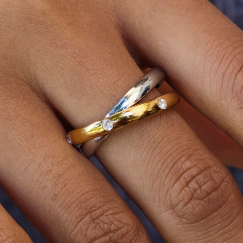 Anello Intrecciato Acciaio Inossidabile Zirconia Bicolore Oro Argento Gioielli Geometrici Per Donna