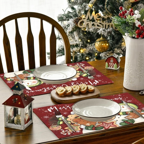 Christmas Placemats Polyester Heat Resistant Dining Table Mat Snowman Gingerbread Man Pattern Holiday Decor