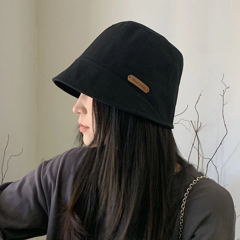 Sombrero de Pescador de Algodón para Mujer Color Sólido Protección Solar Con Etiqueta de Cuero Hecha a Mano Estilo Japonés