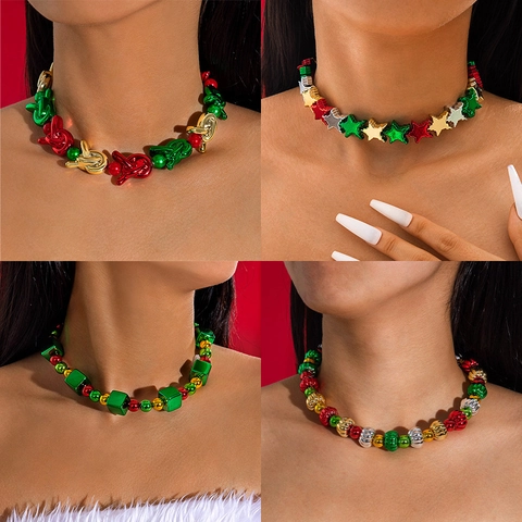 Christmas Beaded Necklace CCB Metallic Stars Squares Knots Festive Holiday Party Trendy Jewelry For Women Girl Accessory