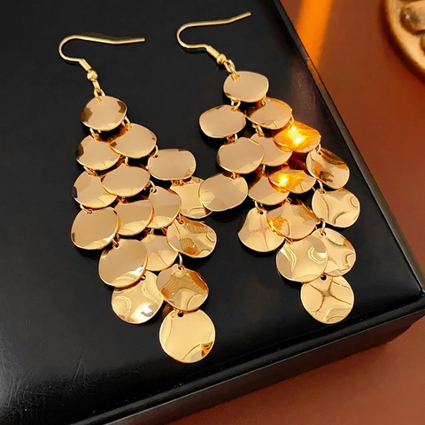 Fashion Round Disc Tassel Drop Earrings For Women Alloy Metallic Sequin Jewelry With Silver Earring Post