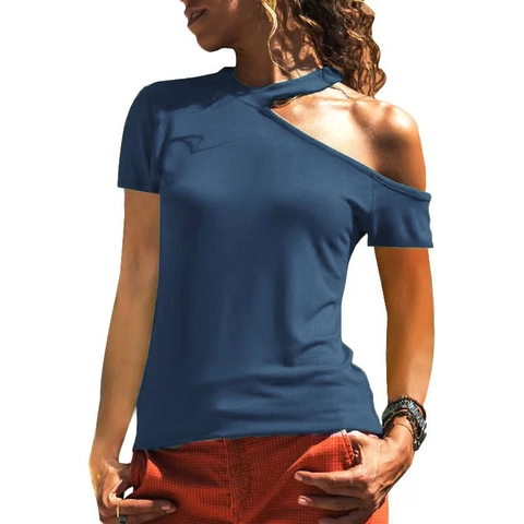 Γυναικείο Ασύμμετρο T-Shirt Έξω οι Ώμοι Σέξι Τοπ Καλοκαίρι Μονόχρωμο Casual Πολυεστέρας Χαλαρή Μπλούζα