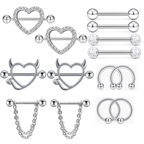 Edelstahl Strass Brustwarzen Piercing Schmuck Set Herz Teufel Kette Dangle Barbell Body Piercing Zubehör Für Unisex