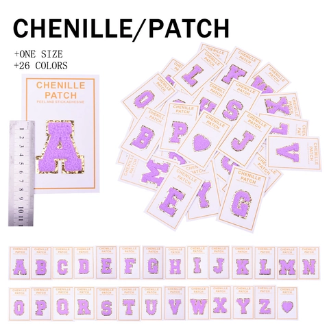 Chenille Letter Patches Purple Gold Sequin Border Adhesive Peel And Stick Embroidery For Clothing Hat Bag DIY Decor