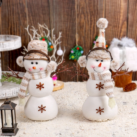 Snowman Ornaments Christmas Desktop Decoration Plush Fabric With Brown Plaid Hat Scarf Branch Arms Festive Scene Layout