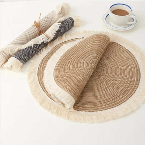 Round Woven Place Mat Cotton Yarn Heat Resistant With Tassels Nordic Boho Table Decor