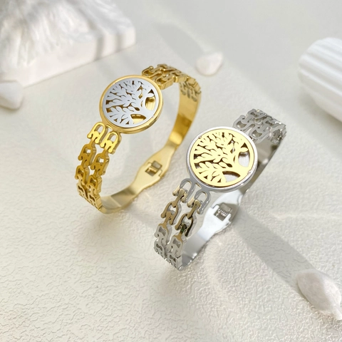 Bracciale Rigido Stile Orologio in Acciaio al Titanio alla Moda per Donna Albero della Vita di Lusso Girasole Cuore Traforato Gioielli Oro Argento