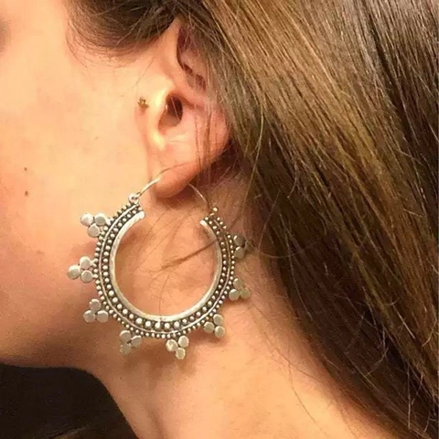 Vintage Bohemian Hoop Earrings Alloy Geometric Hollow Out Ethnic Gypsy Style Jewelry For Women