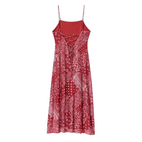 Paisley Print Spaghetti Strap Midi Dress Sexy Backless Lace Up High Split Polyester Casual Vacation For Women