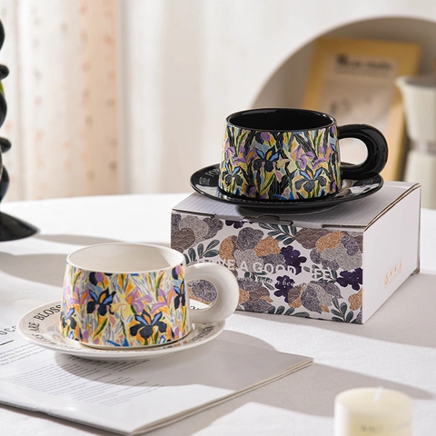 Keramik Kaffeetasse Und Untertasse Mit Geschenkbox Florales Iris Muster Nordischer Vintage Stil Porzellan Trinkgeschirr