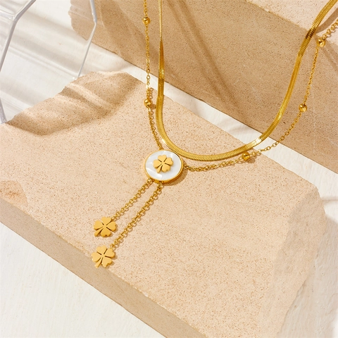 Collana Doppio Strato Acciaio Inox Placcato Oro Pendente Quadrifoglio Madreperla Bianca Nappina Gioielli Donna