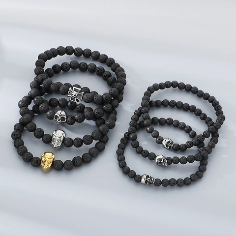 Skull Beaded Armband Lavastein Vulkanstein Punk Gothic Elastisch Rock Retro Schmuck Für Herren Unisex Halloween Party