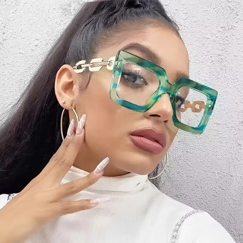 Oversized Square Optical Glasses Anti Blue Light PC Frame Decorative Metal Chain Temples Fashion Eyewear For Women