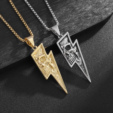 Collana Con Pendente A Fulmine E Teschio Retro Punk Acciaio Al Titanio Catena Box Gioielli Hip Hop Per Uomo