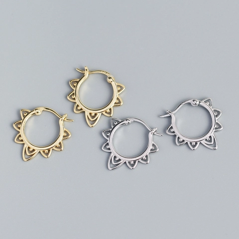 925 Sterling Silver Hoop Earrings Retro Hollow Sunburst Pattern Ear Buckles Ins Style Metal Jewelry For Women