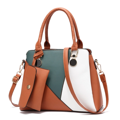 Fashion Geometric Color Block PU Leather Handbag And Pouch Set Large Capacity Shoulder Crossbody Tote Handheld Bag For Women