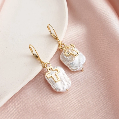 925 Sterling Silver Baroque Freshwater Pearl Cross Earrings Necklace Set For Women Vintage Gold Plated Jewelry